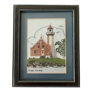 Vtg. Framed Eagle Harbor Lighthouse Cross-Stitch – Nautical Wall Art – 8.5 x 10.